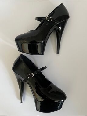 Pleaser Delight- 687: 6” Stiletto Heel Mary Jane Platform Pump - Shiny Black